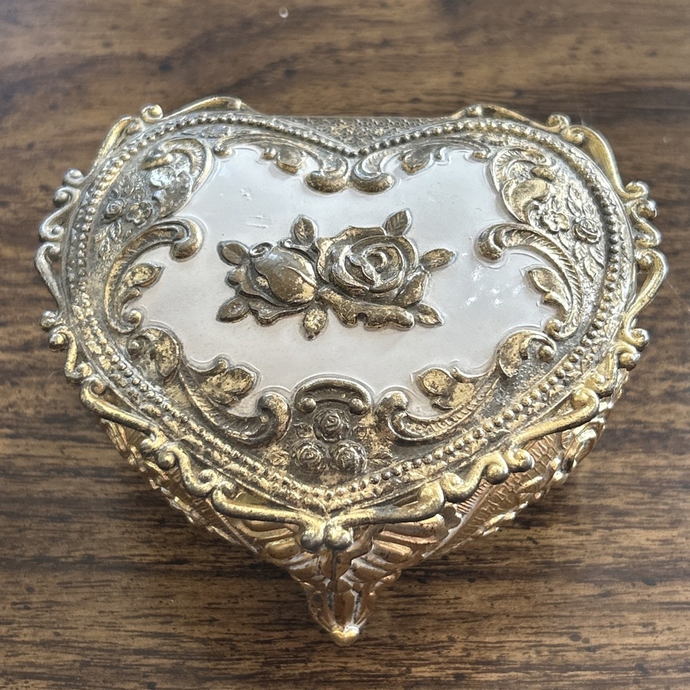Vintage Japan Heart Shaped Trinket Jewelry Box Gold Tone Roses Red Velvet Footed